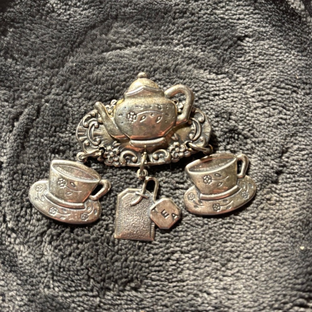 Vintage Silver Tone Tea Time Brooch Teapot Teacup Tea Bag Charms Chatelaine Pin